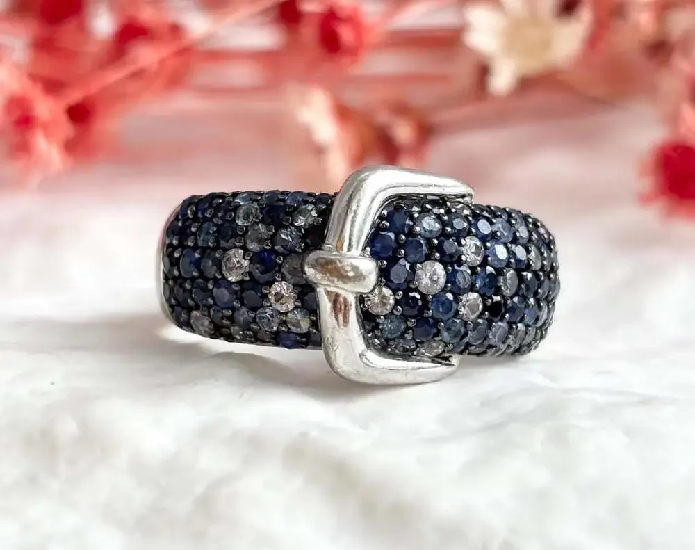 Belt Buckle Multi Shade Blue Topaz Cluster Round Cut Gemstone Sterling Silver 92